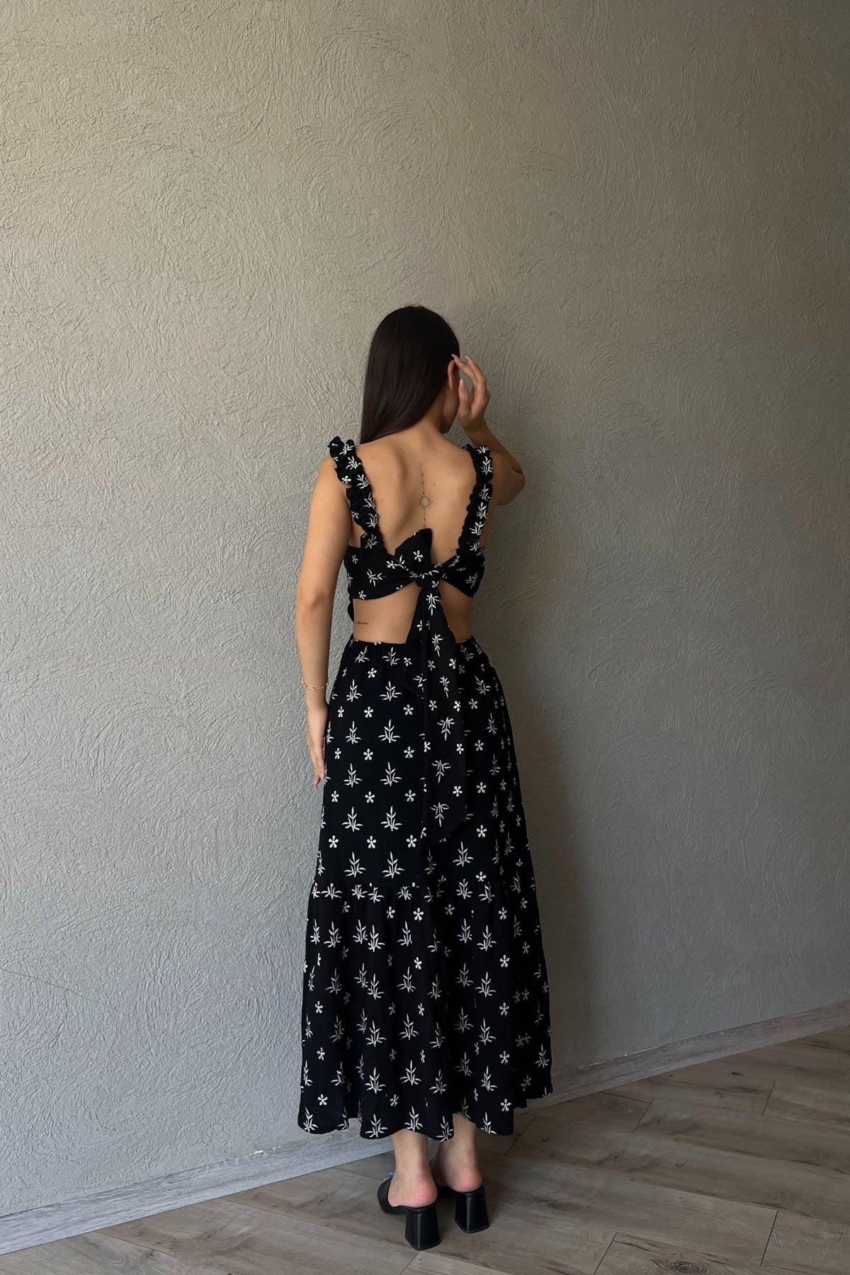 Siyah Desenli Kolu Fırfırlı Bağlamalı Elbise SY-2347-Siyah