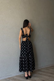 Siyah Desenli Kolu Fırfırlı Bağlamalı Elbise SY-2347-Siyah