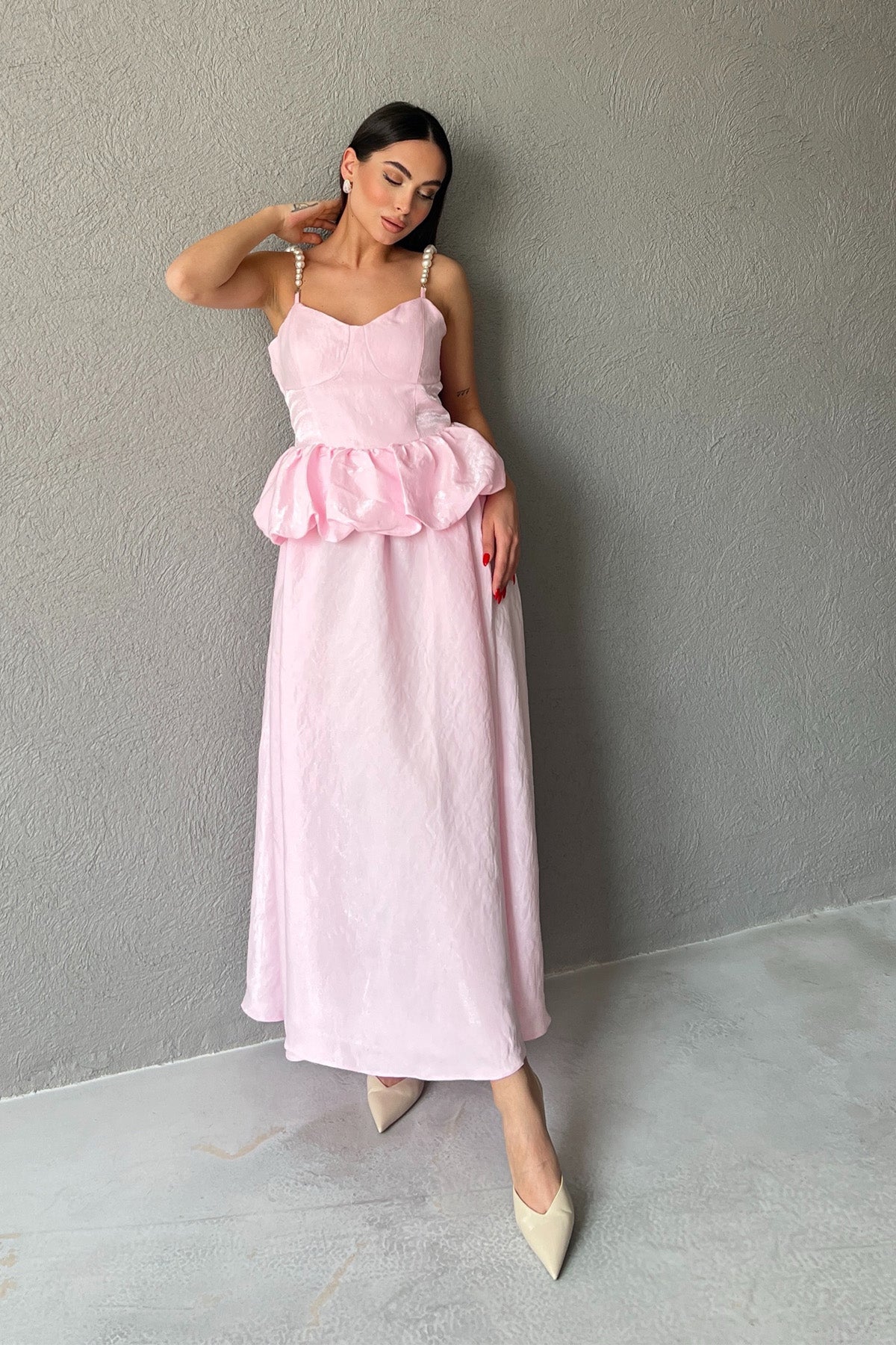 İnci Askılı Pembe Beli Büzgü Detaylı Şık Elbise SY-3033-Pembe